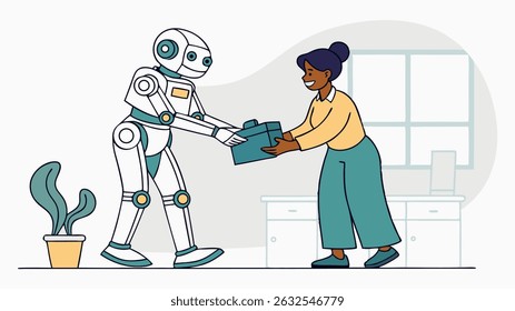 Friendly robot delivering a gift box to a smiling woman in a modern office setting, showcasing the interaction between technology and human connection in a vibrant workspace