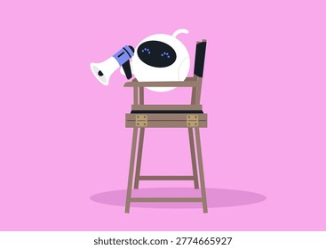 Friendly robot director takes charge on a vibrant film set, using a megaphone and gestures to inspire the crew, Bright colors and playful energy fill the atmosphere.