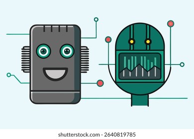 Friendly Robot Duo Connected by Circuitry Lines