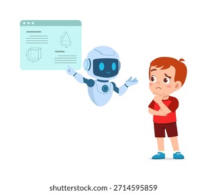 Friendly Robot explica la geometría a un niño reflexivo que aprende sobre la Ciencia y la Tecnología