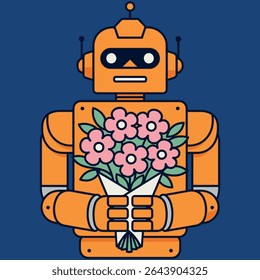 Friendly Robot with Flowers, Flat Vector Illustration