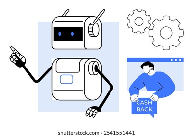 Robô amigável com engrenagens e pessoa segurando sinal de dinheiro de volta. Ideal para finanças, tecnologia, atendimento ao cliente, automação e processos digitais. Estilo de linha simples com cores brancas, azuis e pretas