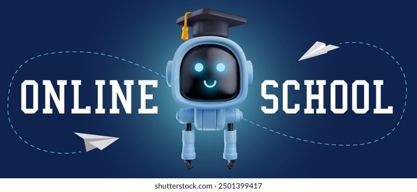 Friendly robot with graduation cap and paper plane in 3d cartoon style. Background for online school education. Futuristic concept art. Vector illustration.