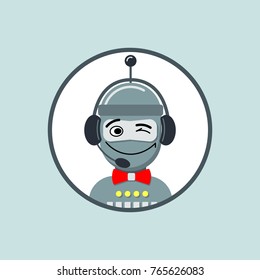 Friendly robot head in headphones. Circle icon for dialog box or popup window. Vector illustration.