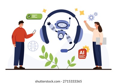 Friendly robot with headset provides AI tech support to users, symbolizing artificial intelligence assistance, customer service, and digital communication vector illustration