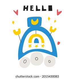 Friendly robot. Hello. Hand drawn vector illustration for kids.
