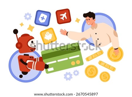 Friendly robot helps a man manage digital banking tasks with credit card, finance icons, and coins on a white isolated background for fintech and automation concepts vector illustration