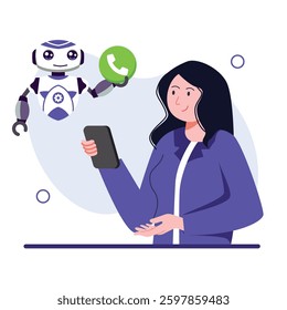 A friendly robot helps a woman holding a smartphone, showcasing a modern communication scene. Perfect for technology and digital interaction themes.
