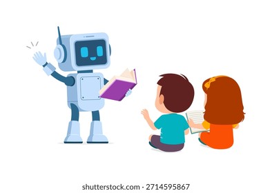 Robô amigável segurando um livro e ensinando duas crianças felizes sentadas no chão uma ilustração educacional