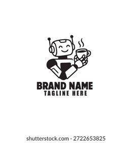 Robot amistoso que sostiene el logotipo de la taza de café Diseño moderno de la mascota