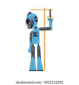 Freundlicher Roboter mit Handle im öffentlichen Verkehr, Persönlicher Roboter-Assistenzcharakter, künstliche Intelligenz Konzept Cartoon Style Vektorgrafik