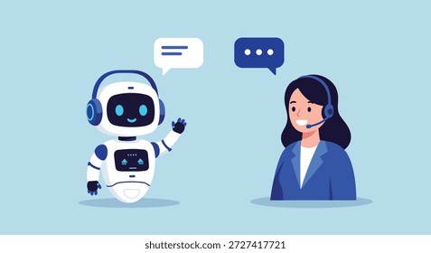 Freundlicher Roboter und menschlicher Agent, der beim Kunden-Support zusammenarbeitet.
