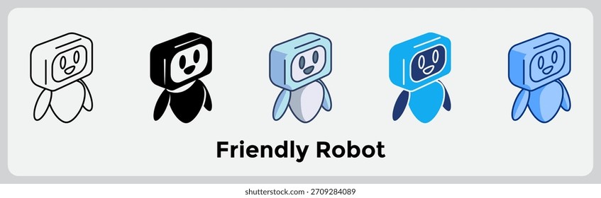 El icono de Friendly Robot añade un tono cálido y de apoyo a las herramientas digitales de bienestar. Línea, relleno, color, estilo azul.