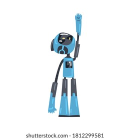 Friendly Robot Looking Up Raising its Hand, Cute Personal Robotic Assistant Character, Artificial Intelligence Concept Cartoon Style Vector Illustration