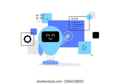 Friendly robot with media datas. Modern flat illustration. Vector file.