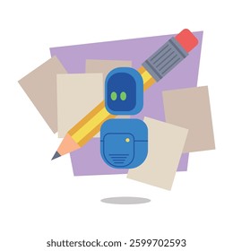Friendly robot next to pencil and scattered pieces of paper. Creativity and imagination concept