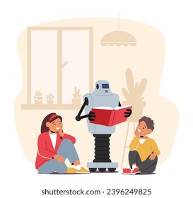 Friendly Robot Nurse Sits Among Of Captivated Children, Reading A Colorful Storybook Aloud With Animated Expressions, Fostering A Love For Learning And Technology. Cartoon People Vector Illustration