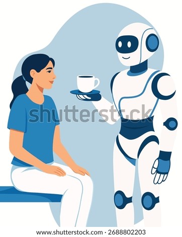 A friendly robot offers a cup of coffee to a smiling woman. Artificial intelligence in everyday life, service robots, smart home technologies. For educational purposes, articles, and presentations