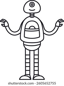 A friendly robot with one eye and a smiling face, drawn in a minimalist line art style. The robot stands with outstretched arms, featuring a circular eye and segmented limbs