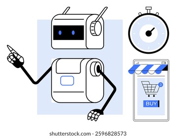 Friendly robot pointing, shopping cart on smartphone, and timer. Ideal for e-commerce technology, automation, AI, online shopping, and time management themes. Minimalist and modern style