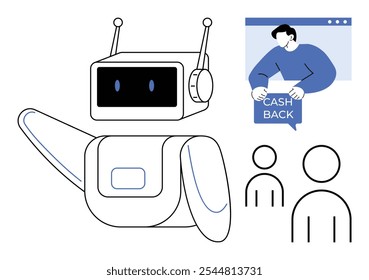 Friendly robot pointing towards a person advertising cash back offers accompanied by two simple human avatars. Ideal for technology, finance, customer engagement, advertising, and automation