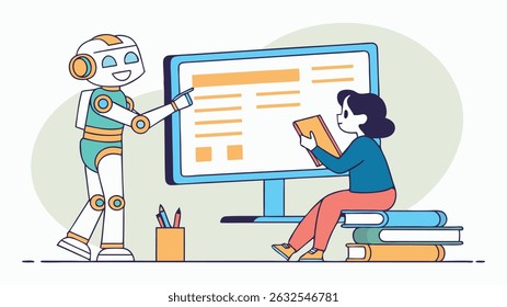 Friendly robot presenting information on a computer screen to a person sitting on stacked books, creating an engaging learning environment with modern technology
