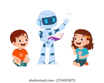 Freundlicher Roboter, der zwei glücklichen Kindern eine Geschichte vorliest, ein Junge und ein Mädchen, die aufmerksam zuhören und lächeln