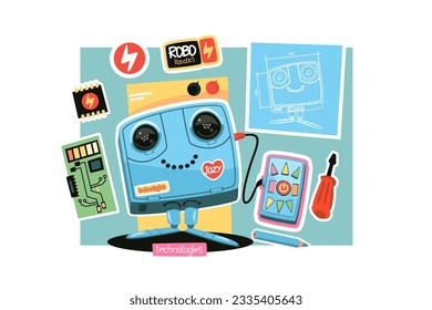 Friendly robot with remote control, vector illustration. Technology, AI and robotics concept.