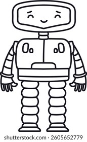 A friendly robot with a smiling face and simple, clean lines, featuring a rectangular head and striped limbs. The mechanical figure is drawn with a minimalist style