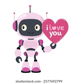 Сharming friendly robot in soft pink tones holding "I Love You" heart in delightful Valentine's Day illustration. Cute vector robot with romantic message in inspired love - mood style. For love decor.