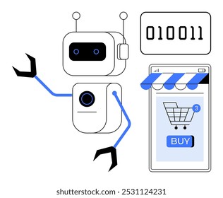 Um robô amigável fica ao lado de uma interface de loja digital, levantando seus braços agarrados. Nas proximidades, o código binário é mostrado em um fundo branco. Ideal para comércio eletrônico, automação, IA, compras digitais