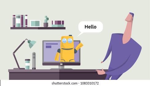 Friendly robot talking to a man from computer monitor. Chatbot conversation. Chatterbot saing hello. Concept vector illustration. Flat style. Horizontal.