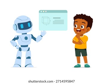 Robô amigável ensinando curioso menino afro-americano sobre formas 3D na tela digital sessão de aprendizado feliz