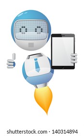 Friendly robot with thumb up showing a tablet pc. EPS10 vector.