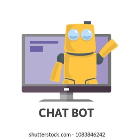 Friendly robot waving hand from computer screen. Hello from the bot. Chatterbot. Flat vector illustration. Isolated on white background.