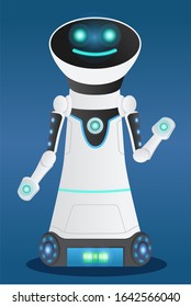 Friendly robot waving hand and smiling. Machine with artificial intellect. Android for work or chat. Cybernetic science engineering new models of communicative robotic creatures. Vector in flat