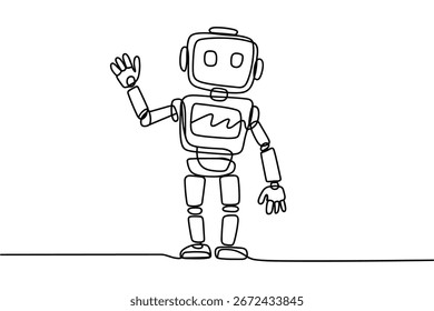 Robô amigável acenando Hello em linha de arte contínua