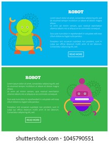 Friendly robots for human help Internet pages. Robots in colorful corpuses with faces on web banners cartoon vector illustrations with sample text.