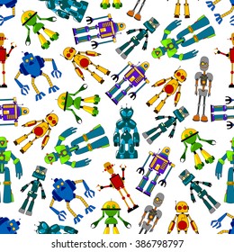 Friendly robots seamless pattern with colorful background of cartoon electromechanical humanoid and transformer robots characters. Childish room interior or textile design usage