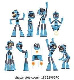 Friendly Robots Set, Funny Robotics Character in Different Situations, Artificial Intelligence Concept Cartoon Style Vector Illustration