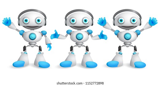 Friendly robots vector character set. Funny mascot robot design element for presentation with postures and hand gestures isolated in white. Vector illustration.
