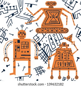 friendly robots vector seamless pattern