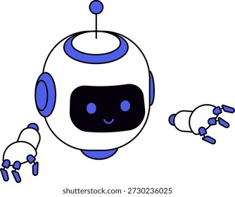 Amistoso, robot de dibujos animados redondo con una cara sonriente, ojos azules y acentos azules a juego en su cabeza, antena y manos. Perfecto para diseños abstractos, temas tecnológicos o ilustraciones lúdicas.