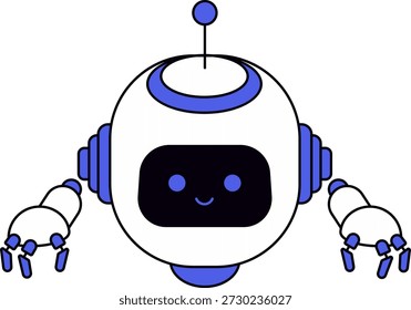 Amistoso, robot de dibujos animados redondo con una cara sonriente, ojos azules y acentos azules a juego en su cabeza, antena y manos. Perfecto para diseños abstractos, temas tecnológicos o ilustraciones lúdicas.
