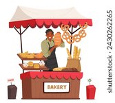 Friendly Salesman Baker Character In Apron Stands Behind A Market Stall, Offering A Freshly Baked Loaf Of Bread, Its Aroma Inviting Passersby To Savor The Taste. Cartoon People Vector Illustration