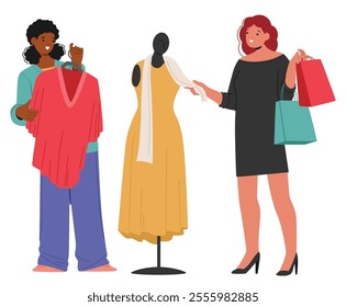 Friendly saleswoman helping glamour lady customer to choose new trendy outfit for summer season cartoon scene isolated on white background. Shopping at fashion boutique store vector illustration