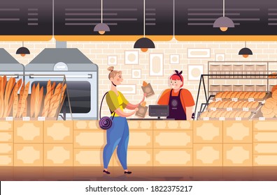 friendly saleswoman working and selling fresh bread to female customer modern bakery interior full length horizontal vector illustration