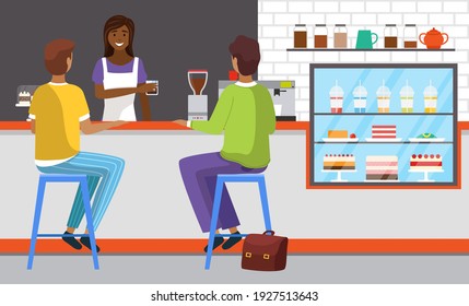 Friendly saleswoman working and selling fresh drink to customers. Modern cafe interior design. Sale of cakes and milkshake. Girl serves glass with cocktail to guests. People order food at checkout