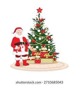 Um Papai Noel amigável gesticula bem-vindo para os presentes sob a árvore de Natal. Ilustração de vetor de feriado em um fundo branco.