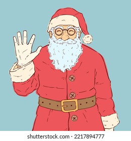 friendly santa waving hand with colored hand drawing style